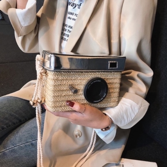 New Camera Woven Linen Straw Basket Shoulder Bag - Picture 5 of 8